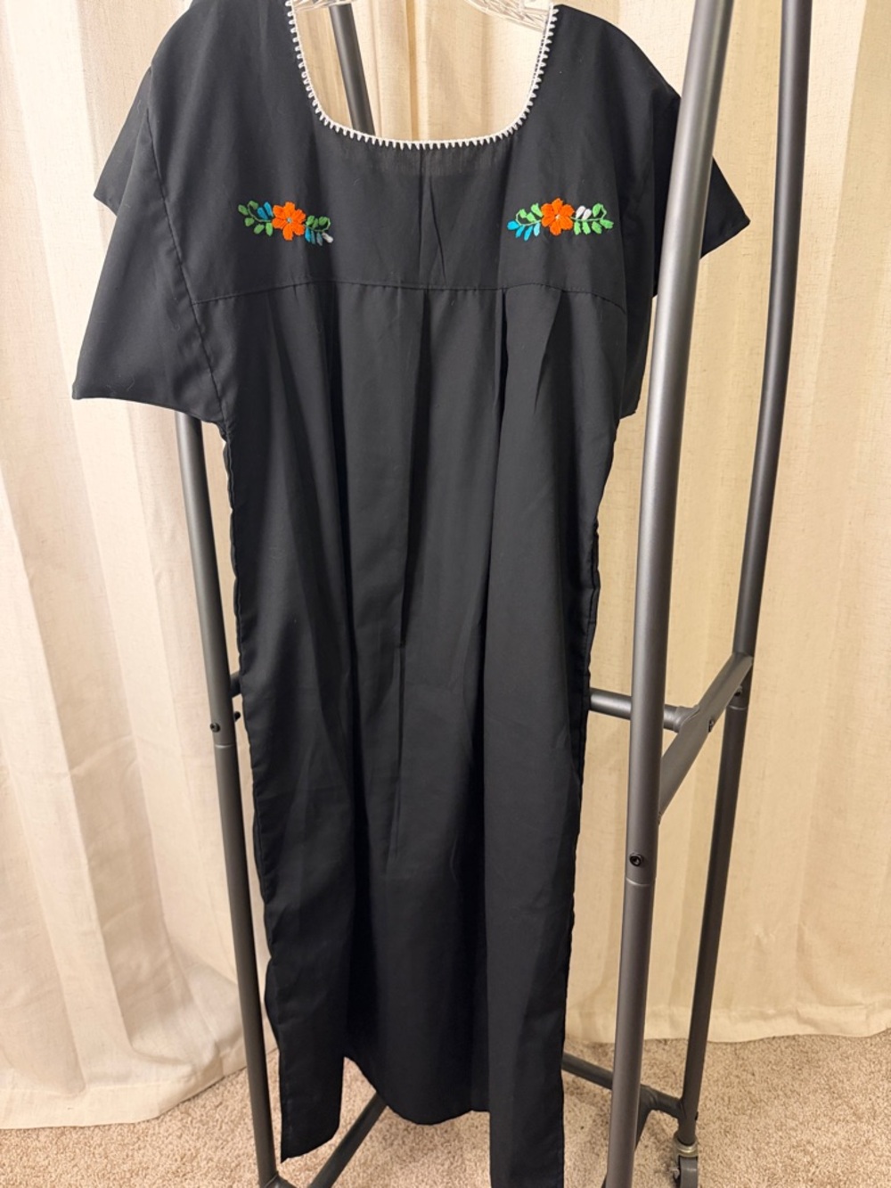 Traditional Mexican Black Embroidered Floral Maxi Dress with Peacock Motif - Picture 3 of 5